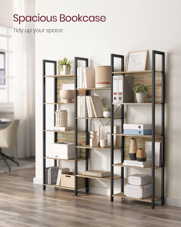 Biblioteca cu 14 rafturi din lemn, cadru metalic, 24x158x166cm, stil industrial, stejar si negru [2]