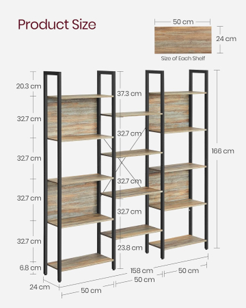 Biblioteca cu 14 rafturi din lemn, cadru metalic, 24x158x166cm, stil industrial, stejar si negru [1]