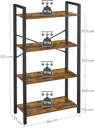 Biblioteca cu 4 etaje din lemn, cadru otel, stil industrial, 66x30x120cm, maro rustic [3]