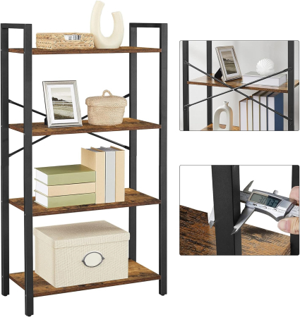 Biblioteca cu 4 etaje din lemn, cadru otel, stil industrial, 66x30x120cm, maro rustic [9]