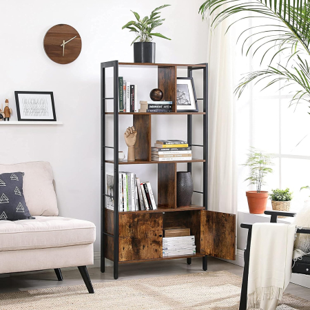 Biblioteca cu 4 rafturi si dulap inferior cu 2 usi, stil industrial, 74x30x155cm, maro rustic [1]