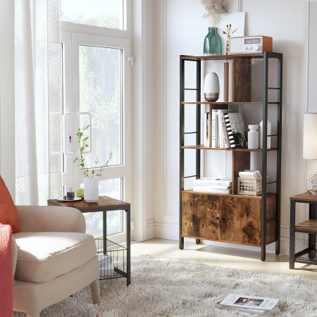 Articole pentru casă - Biblioteca cu 4 rafturi si dulap inferior cu 2 usi, stil industrial, 74x30x155cm, maro rustic