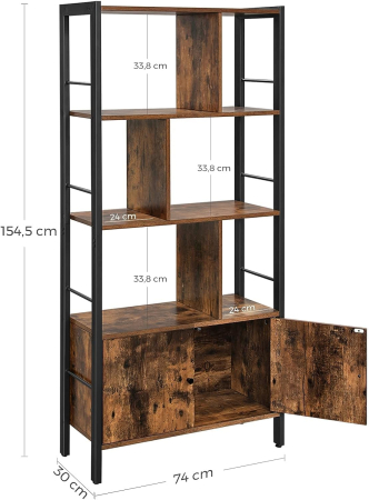 Biblioteca cu 4 rafturi si dulap inferior cu 2 usi, stil industrial, 74x30x155cm, maro rustic [3]