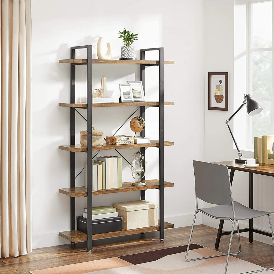 Biblioteca cu 5 rafturi, cadru din otel si rafturi din PAL, 105x34x178cm, maro rustic si negru [6]