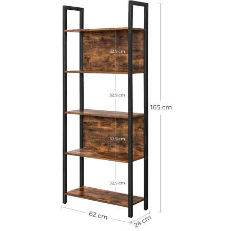 Biblioteca cu 5 rafturi de depozitare, cadru otel, stil industrial, 62x24x165cm, maro rustic si negru [7]
