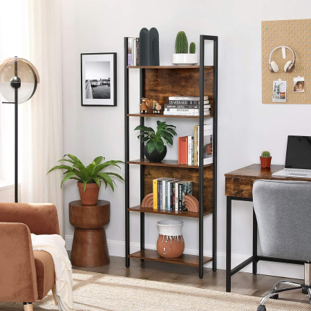 Biblioteca cu 5 rafturi de depozitare, cadru otel, stil industrial, 62x24x165cm, maro rustic si negru [1]