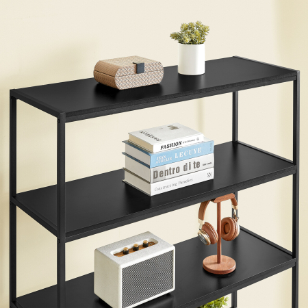Biblioteca cu 5 rafturi si dulap, rama metalica si finisaj MDF nuc, 100x35x180 cm, negru [4]