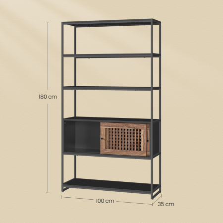 Biblioteca cu 5 rafturi si dulap, rama metalica si finisaj MDF nuc, 100x35x180 cm, negru [1]