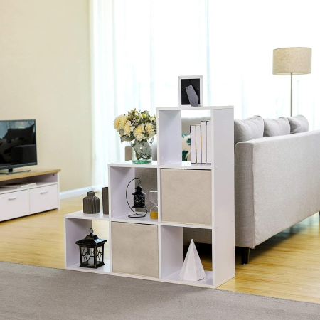Biblioteca cu 6 compartimente, unitate de depozitare pentru decoratiuni, din lemn, 29x98x98cm, alb [2]