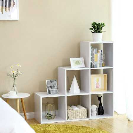 Biblioteca cu 6 compartimente, unitate de depozitare pentru decoratiuni, din lemn, 29x98x98cm, alb [1]