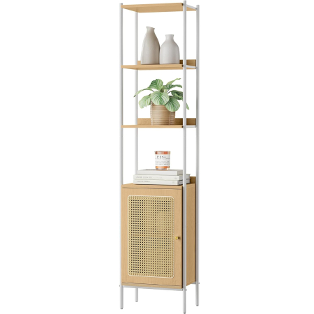 Articole pentru casă - Biblioteca cu 6 etaje, cadru metalic, usa cu efect ratan Boho, 30x40x175 cm, alb si bej