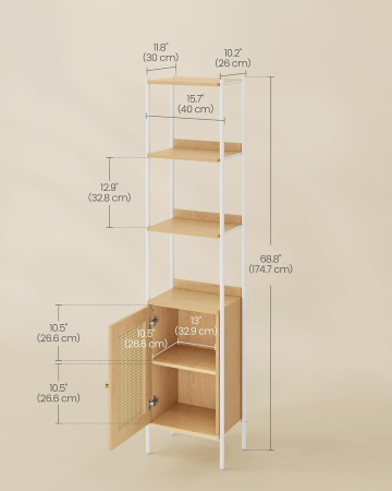 Biblioteca cu 6 etaje, cadru metalic, usa cu efect ratan Boho, 30x40x175 cm, alb si bej [2]