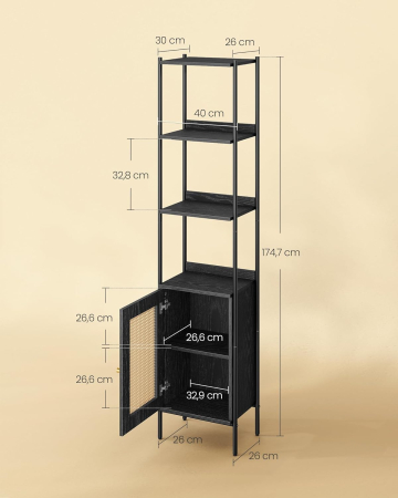Biblioteca cu 6 etaje, cadru metalic, usa cu efect ratan Boho, 30x40x175 cm, negru [2]