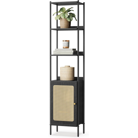 Articole pentru casă - Biblioteca cu 6 etaje, cadru metalic, usa cu efect ratan Boho, 30x40x175 cm, negru