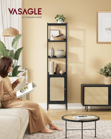 Biblioteca cu 6 etaje, cadru metalic, usa cu efect ratan Boho, 30x40x175 cm, negru [1]