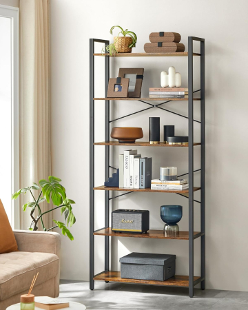 Biblioteca cu 6 rafturi, etajera stil industrial, PAL si cadru metalic, 30x80x186 cm, maro rustic [5]