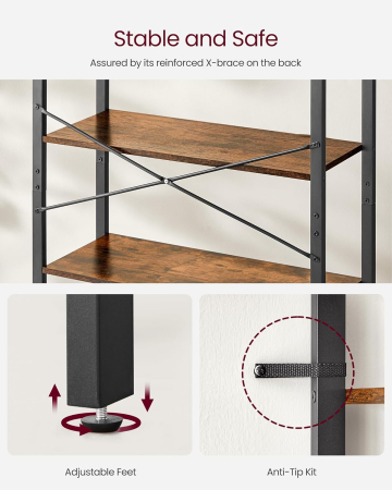 Biblioteca cu 6 rafturi, etajera stil industrial, PAL si cadru metalic, 30x80x186 cm, maro rustic [3]