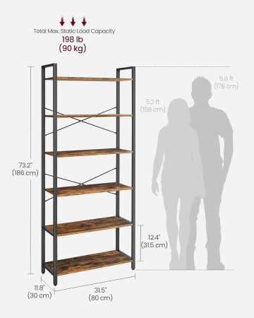 Articole pentru casă - Biblioteca cu 6 rafturi, etajera stil industrial, PAL si cadru metalic, 30x80x186 cm, maro rustic