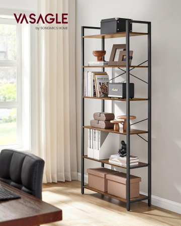 Biblioteca cu 6 rafturi, etajera stil industrial, PAL si cadru metalic, 30x80x186 cm, maro rustic [1]