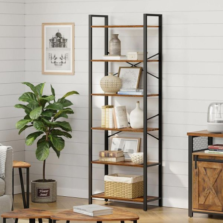Articole pentru casă - Biblioteca cu cadru otel si 6 polite, stil industrial, 66x30x186cm, maro rustic si negru