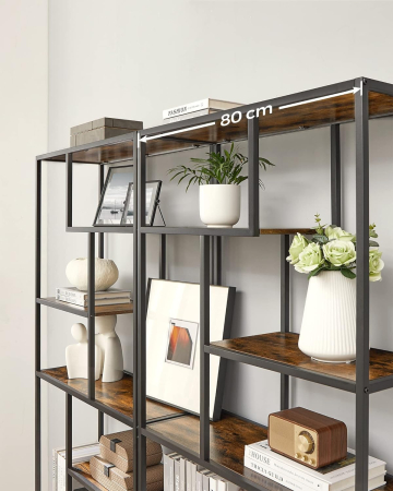 Biblioteca cu forma geometrica, pe 6 nivele, stil industrial, 30x80x180cm, maro rustic si negru [5]