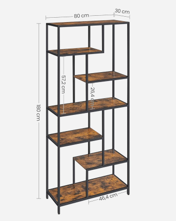 Biblioteca cu forma geometrica, pe 6 nivele, stil industrial, 30x80x180cm, maro rustic si negru [2]