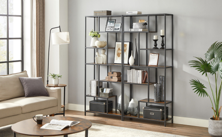 Articole pentru casă - Biblioteca cu forma geometrica, pe 6 nivele, stil industrial, 30x80x180cm, maro rustic si negru