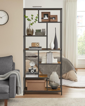 Biblioteca cu forma geometrica, pe 6 nivele, stil industrial, 30x80x180cm, maro rustic si negru [1]