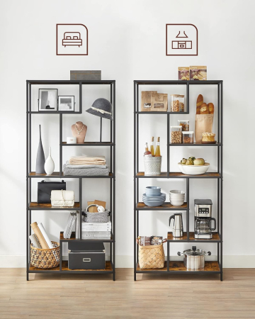 Biblioteca cu forma geometrica, pe 6 nivele, stil industrial, 30x80x180cm, maro rustic si negru [7]