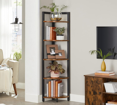 Articole pentru casă - Biblioteca de colt cu 5 etaje, cadru metalic, 150x30x30cm, stil industrial maro rustic si negru