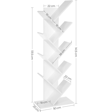 Biblioteca de podea cu 8 etaje, cu rafturi din lemn in forma V, 25x141x50cm, alb [6]