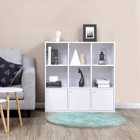 Articole pentru casă - Biblioteca din lemn, cu 9 cuburi, 3 dulapuri inferioare, 98x98x29cm, alb