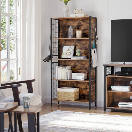 Biblioteca, raft cu 4 niveluri, cadru otel si polite din MDF, 74x30x155cm, maro rustic si negru [1]