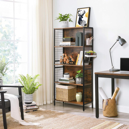 Biblioteca, raft cu 4 niveluri, cadru otel si polite din MDF, 74x30x155cm, maro rustic si negru [3]