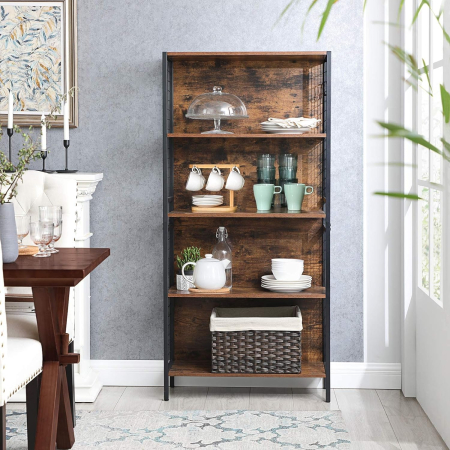Biblioteca, raft cu 4 niveluri, cadru otel si polite din MDF, 74x30x155cm, maro rustic si negru [4]