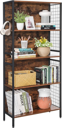 Biblioteca, raft cu 4 niveluri, cadru otel si polite din MDF, 74x30x155cm, maro rustic si negru [8]