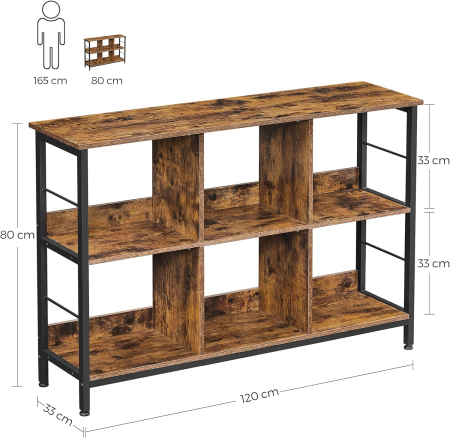 Biblioteca, raft cu 6 unitati de depozitare, din lemn, 33x120x80 cm, maro rustic [3]