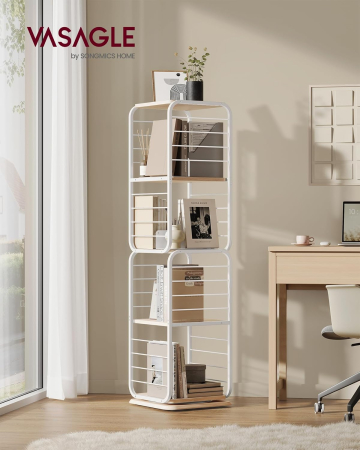 Biblioteca rotativa 360 grade, cadru metalic, cu 5 polite MDF, 43x43x158cm, alb [1]