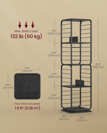 Biblioteca rotativa 360 grade, cadru metalic, cu 5 polite MDF, 43x43x158cm, negru [1]