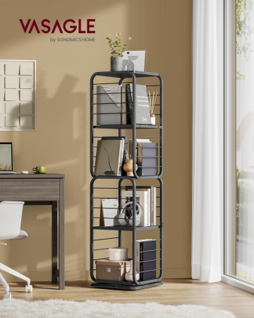 Articole pentru casă - Biblioteca rotativa 360 grade, cadru metalic, cu 5 polite MDF, 43x43x158cm, negru