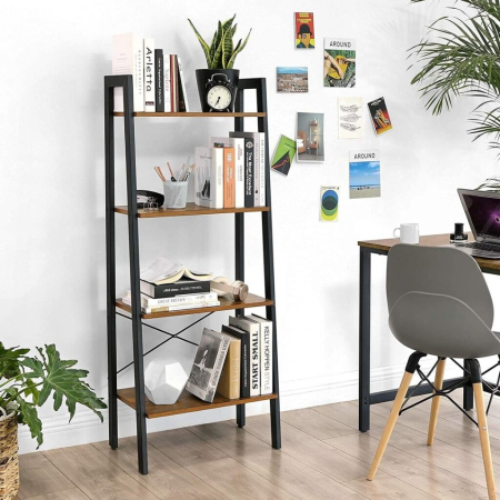 Biblioteca tip scara, cadru otel cu 4 polite din MDF, stil industrial, 56x34x138cm, maro rustic [9]