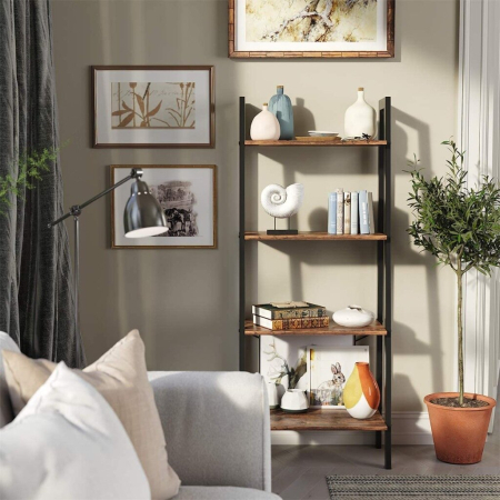 Biblioteca tip scara, cadru otel cu 4 polite din MDF, stil industrial, 56x34x138cm, maro rustic [5]