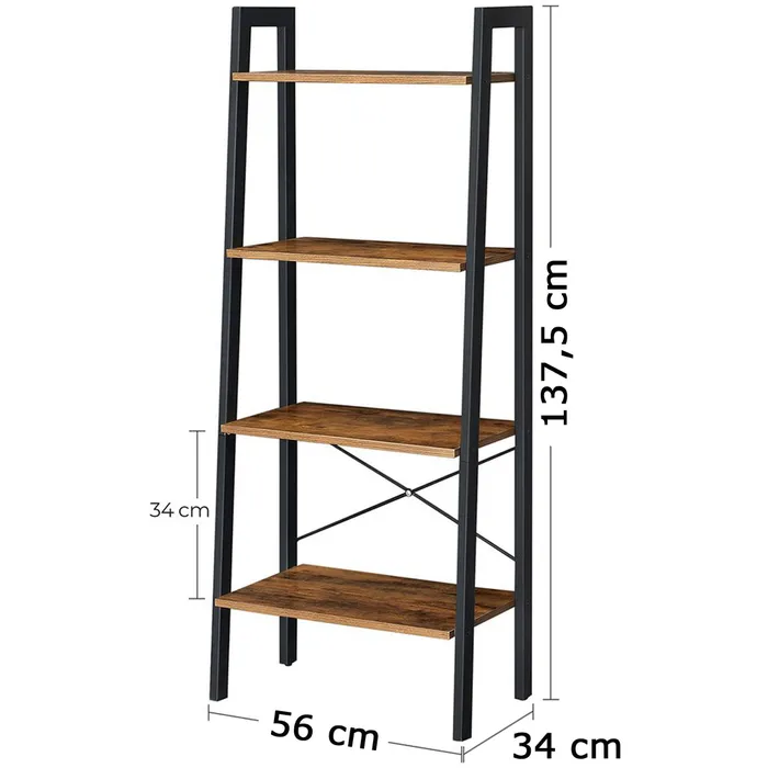 Articole pentru casă - Biblioteca tip scara, cadru otel cu 4 polite din MDF, stil industrial, 56x34x138cm, maro rustic