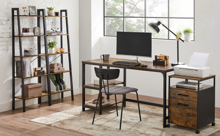 Articole pentru casă - Biblioteca tip scara, cadru otel cu 5 polite din MDF, stil industrial, 56x34x172cm, maro rustic si negru
