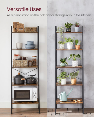 Biblioteca tip scara, cadru otel cu 5 polite din MDF, stil industrial, 56x34x172cm, maro rustic si negru [7]