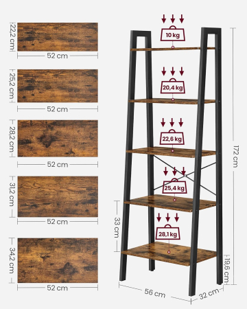 Biblioteca tip scara, cadru otel cu 5 polite din MDF, stil industrial, 56x34x172cm, maro rustic si negru [2]