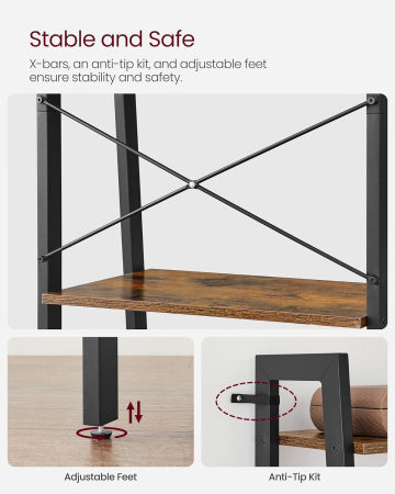 Biblioteca tip scara, cadru otel cu 5 polite din MDF, stil industrial, 56x34x172cm, maro rustic si negru [3]