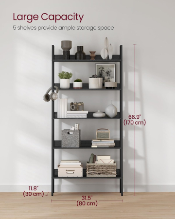 Biblioteca tip scara, cadru otel cu 5 polite, stil industrial, 80x30x170 cm, negru [2]