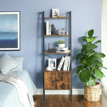 Biblioteca tip scara, cu dulap si 4 rafturi din MDF, stil industrial, 34x56x172cm, maro rustic si negru [2]