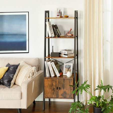Biblioteca tip scara, cu dulap si 4 rafturi din MDF, stil industrial, 34x56x172cm, maro rustic si negru [1]
